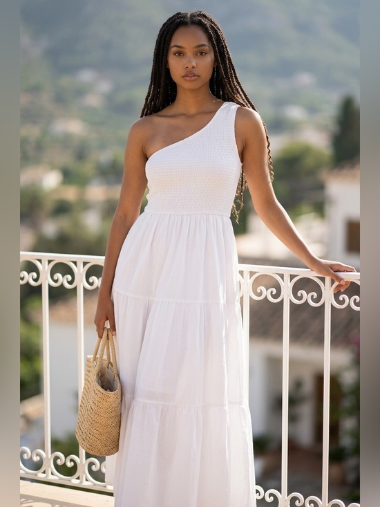 Zesica Dresses & Skirts - Zesica One-Shoulder sleeveless smocked White Maxi Dress - Size Large